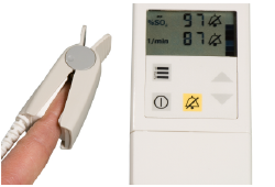 An oximeter that measures the oxygen content of blood using visible and infrared light